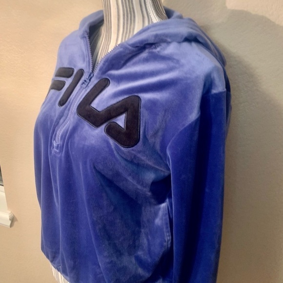 FILA Velour Hoodie Sweatshirt Medium Quarter-Zip Pockets Elastic Waist & Cuffs - Picture 4 of 15